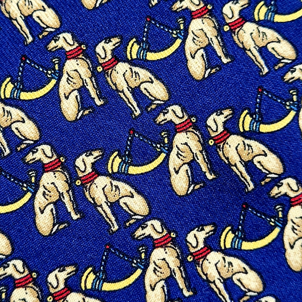 SALVATORE FERRAGAMO Italian Silk Novelty Hunting Dogs Horns Navy Blue Neck Tie